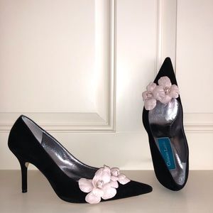 Christian Lacroix Black Suede Heels With Pink Leather Flower Size 38 /2